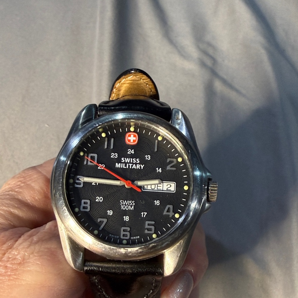 Swiss Military Black Dial Leather Strap Watch - Water Resistant